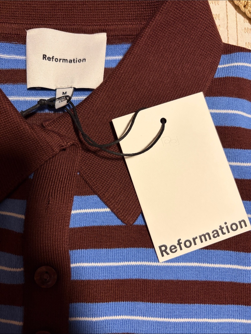 NWT Reformation 🤎💙 Bentley Crop Polo Sweater in Mahogany Multi Strip - Picture 9 of 14